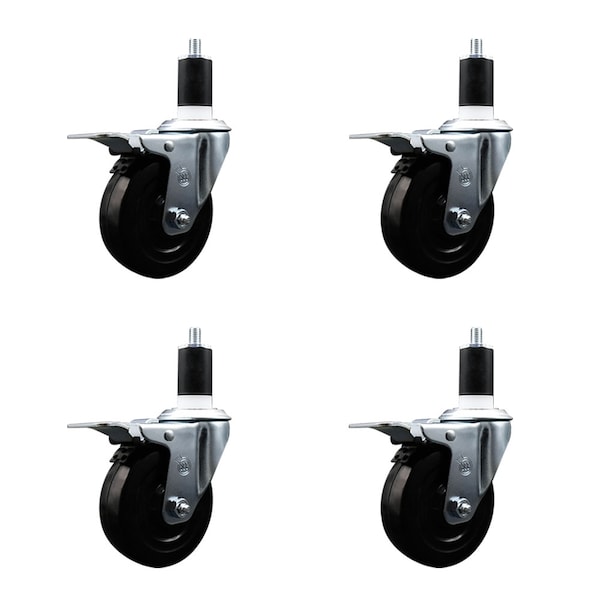 4'' Hard Rubber Swivel 1-1/2'' Expanding Stem Caster Set Total Lock Brake, 4PK